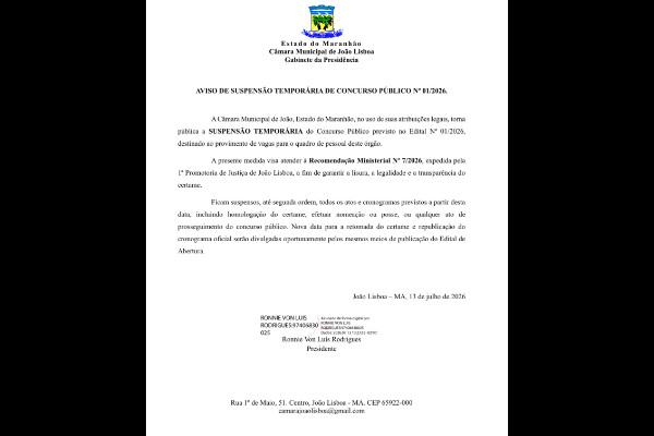Ministério Público recomenda suspensão imediata do concurso público de João Lisboa por suspeita...